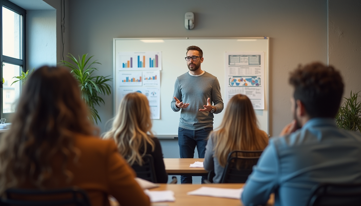 High angle view of a person speaking at a small group workshop