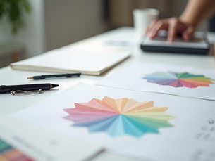 Workspace with brand design sketches and color swatches