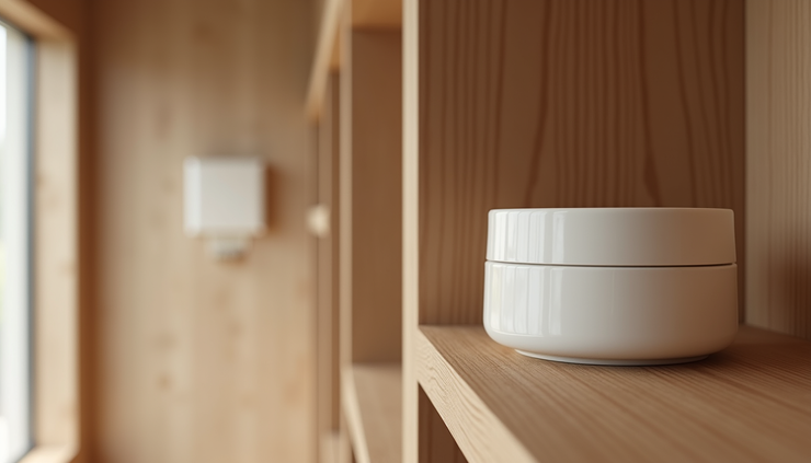 Eye-level view of a single product displayed on a wooden shelf in a minimalist store