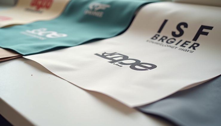 High angle view of printed logo samples on different materials