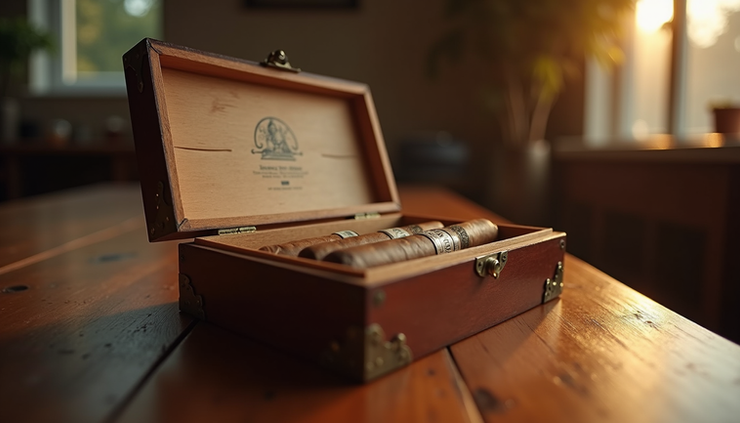 Close-up view of a vintage cigar box on a wooden table with soft lighting
