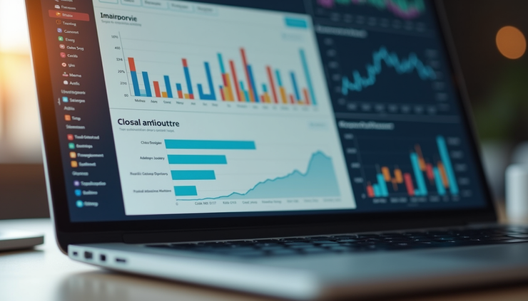 Eye-level view of a laptop screen displaying an email marketing dashboard with colorful charts