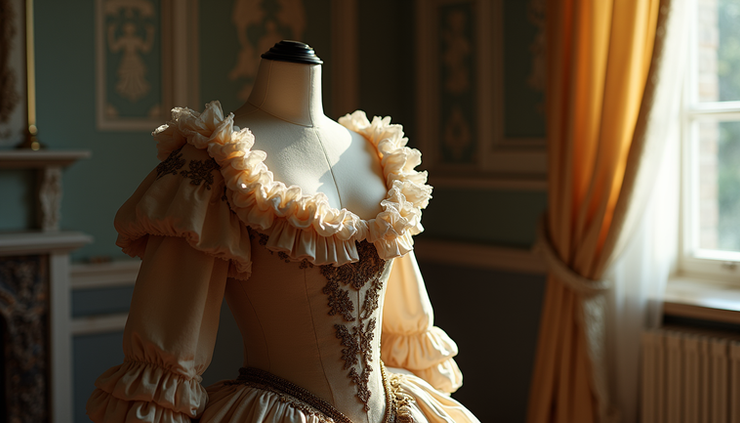 Close-up view of a detailed period costume on a mannequin in a dimly lit room
