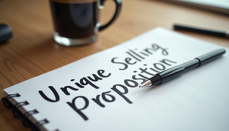 Eye-level view of a handwritten note titled "Unique Selling Proposition" on a wooden desk