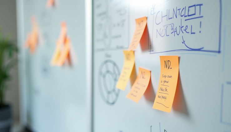 Close-up view of a whiteboard with colorful sticky notes and diagrams