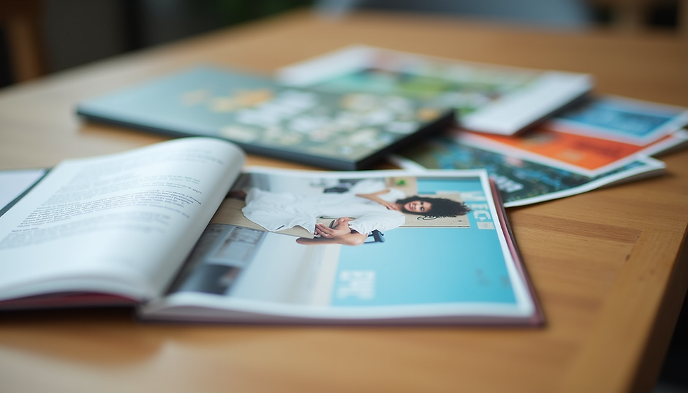 A colorful brochure spread on a wooden table, showcasing print marketing materials