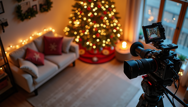 High angle view of a festive video setup with holiday decorations and camera equipment