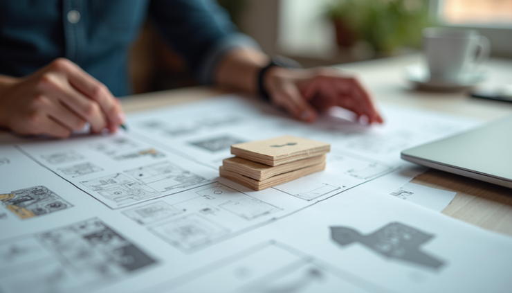 High angle view of a product prototype being examined on a table with notes and sketches