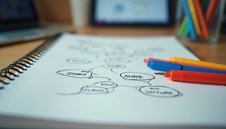 Close-up view of a notebook with a sketched story map and colorful markers on a desk