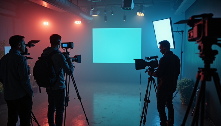 Eye-level view of a television studio with cameras and lighting equipment