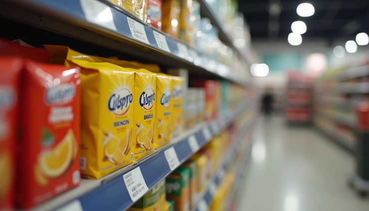 Close-up view of a co-branded product package on a retail shelf