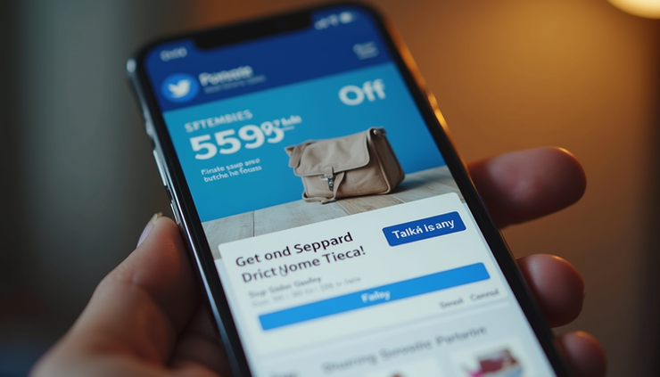 Close-up of a smartphone displaying a Facebook ad with a product offer