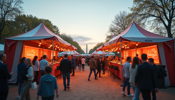 High angle view of two branded event booths side by side at an outdoor festival
