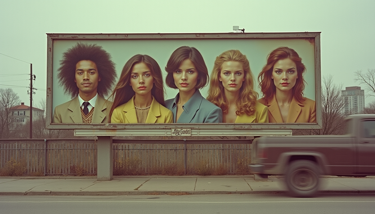 Eye-level view of a vintage billboard featuring diverse faces in a 1960s urban setting