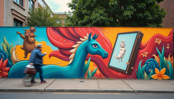 Eye-level view of a street mural with vibrant colors and a hidden product message