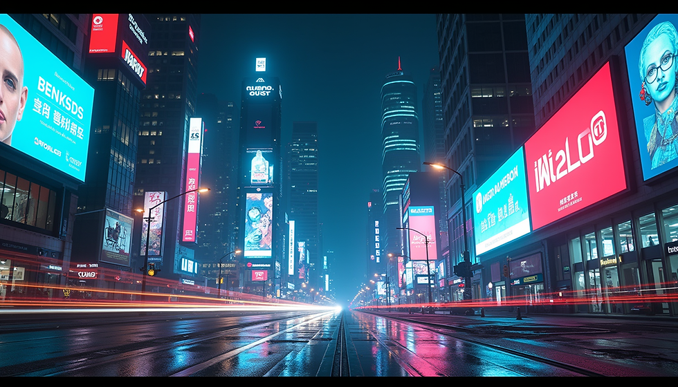 Futuristic cityscape inspired by Black Mirror aesthetics