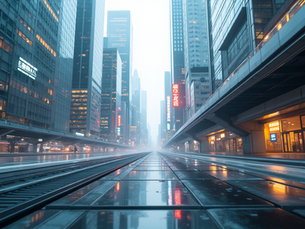 A futuristic cityscape representing the digital world of technology marketing