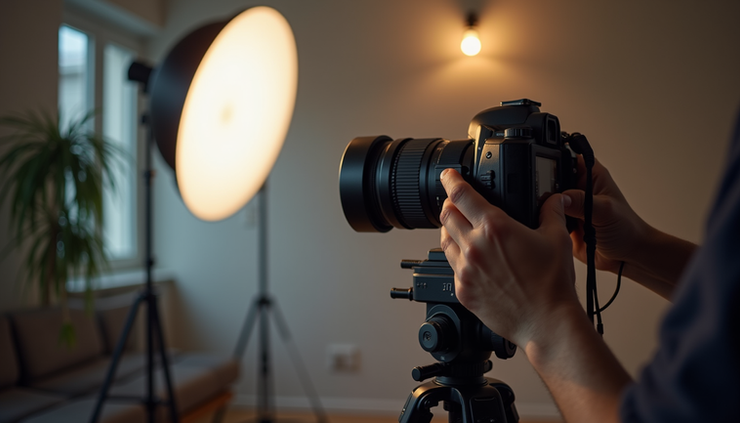 Eye-level view of a person setting up a camera for video recording in a home studio