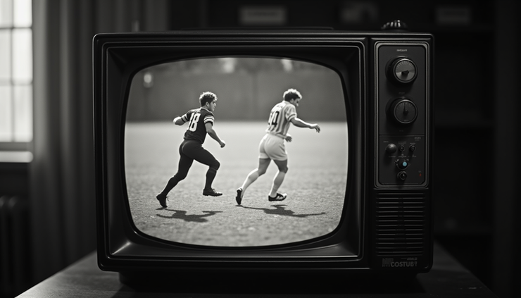 Eye-level view of a vintage television screen showing a black-and-white Super Bowl commercial