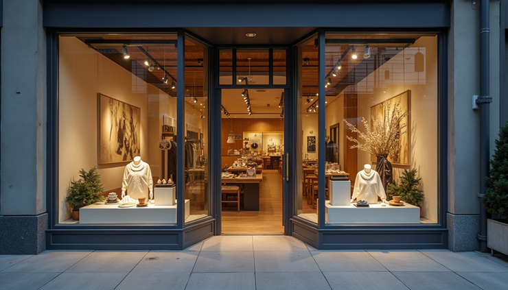 Eye-level view of a small shop storefront with inviting window displays