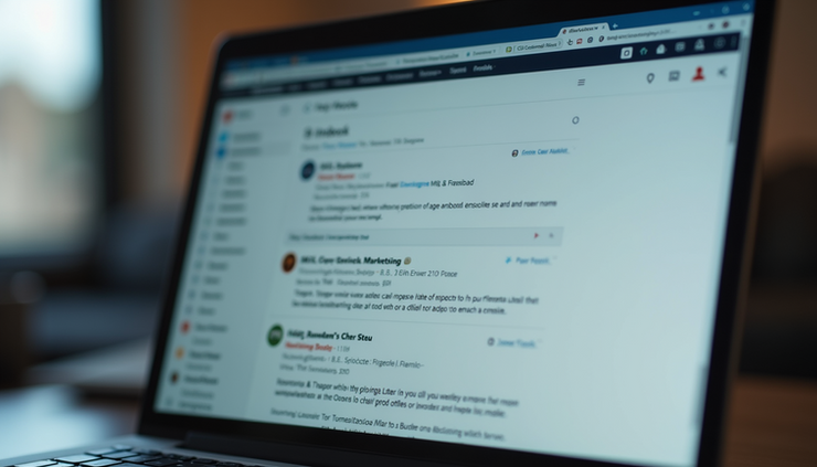 Close-up view of a laptop screen showing an email inbox with highlighted marketing emails