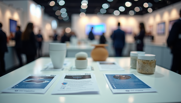 Close-up view of a trade show booth with product samples and informational materials
