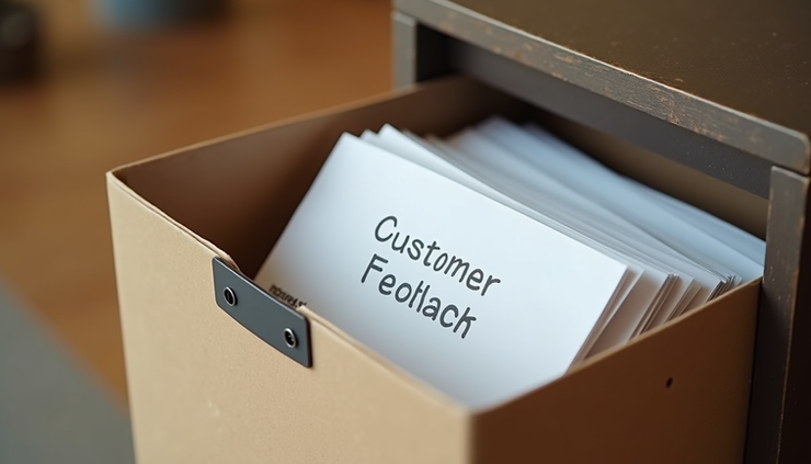 High angle view of a suggestion box with customer feedback forms