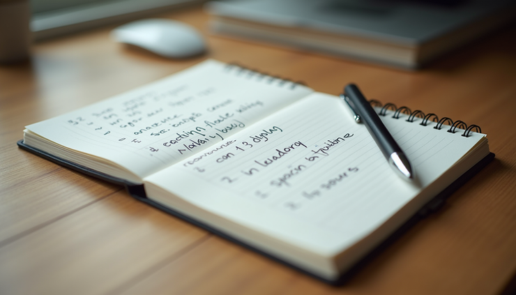 High angle view of a notebook with handwritten notes and a pen on a wooden desk