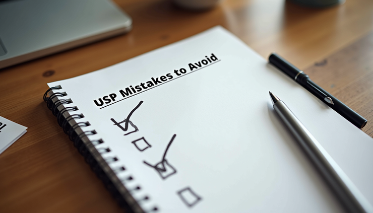 High angle view of a notebook with a checklist titled "USP Mistakes to Avoid"