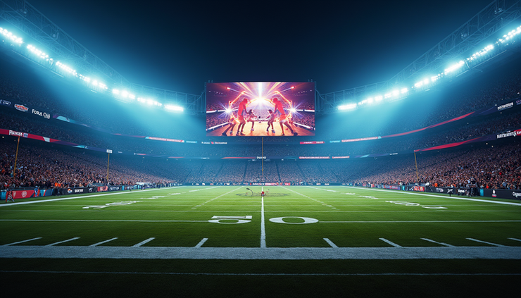 Eye-level view of a large stadium screen displaying a colorful and dynamic Super Bowl commercial
