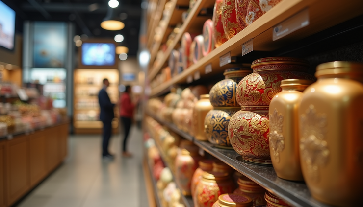 Close-up view of a culturally themed product display in an international retail store