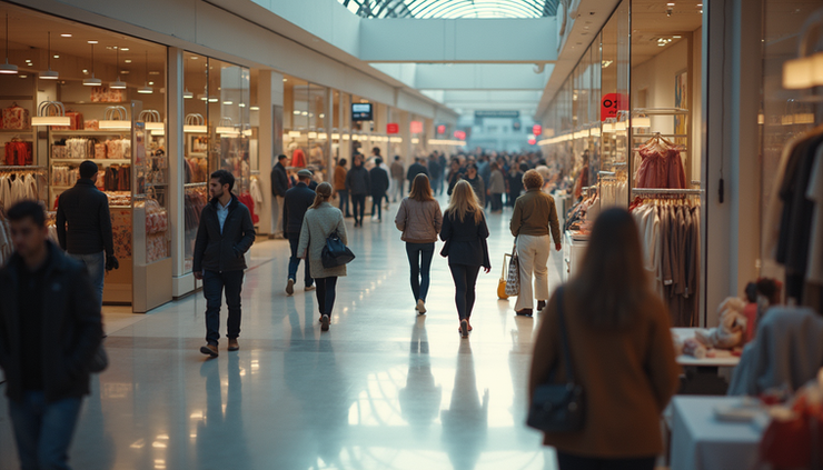 High angle view of a busy retail store with customers shopping during a sale