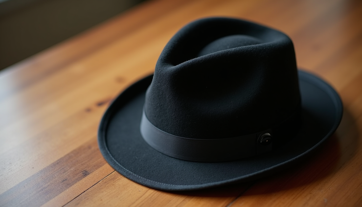 High angle view of a black porkpie hat on a wooden table