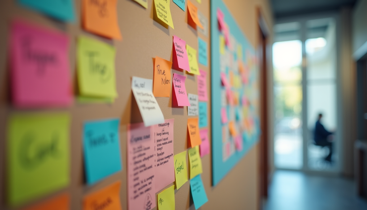 High angle view of a colorful bulletin board with marketing campaign ideas and notes