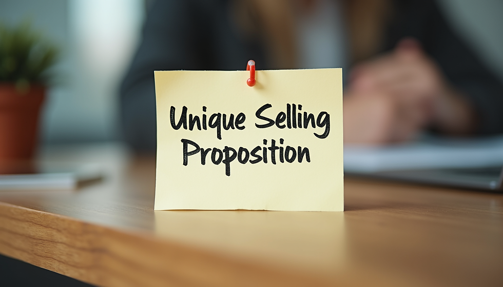 A handwritten note with 'Unique Selling Proposition' on a wooden desk