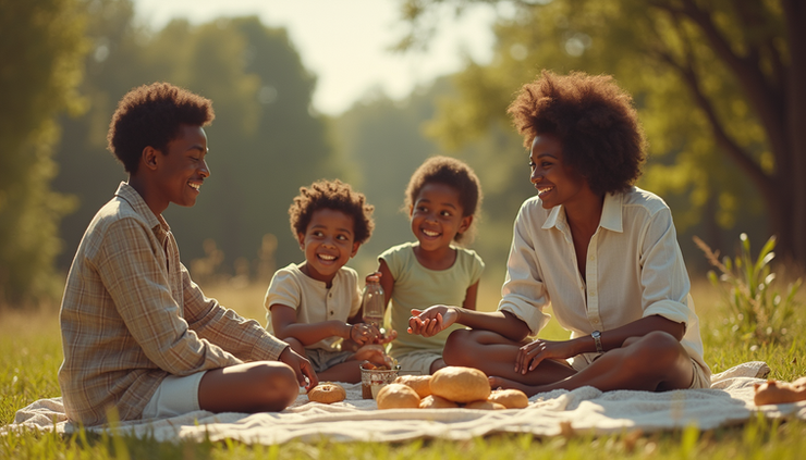 Close-up view of a 1970s magazine ad featuring African American family enjoying a picnic