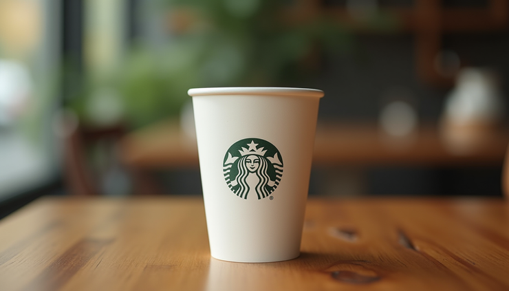 Close-up view of a branded coffee cup with a celebrity endorsement logo