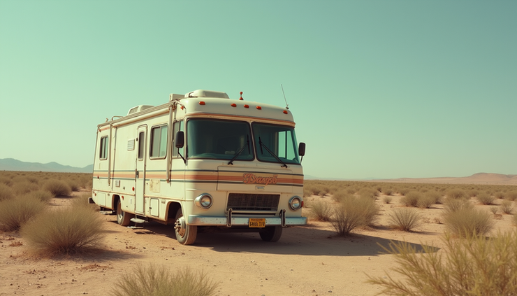 Close-up of a worn RV in the desert, symbolizing humble beginnings and transformation