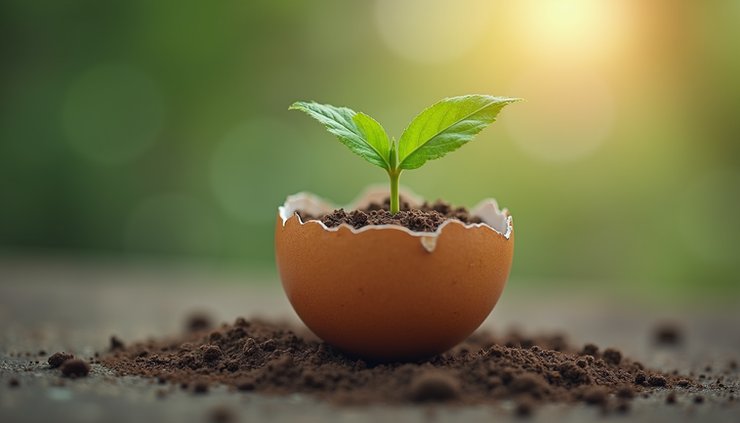 High angle view of a cracked egg with a green sprout growing inside