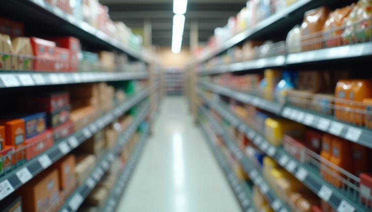 Eye-level view of a supermarket aisle with shelves fully stocked and barcode labels visible on products