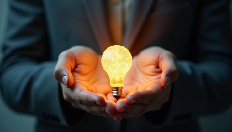 High angle view of a person holding a glowing orb representing innovation