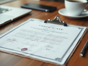 Certification on desk with laptop and coffee