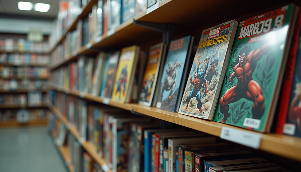 Marvel comic books displayed in a store, showcasing vibrant covers and characters