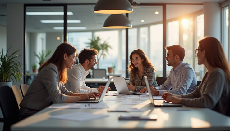 Eye-level view of a marketing team discussing campaign ideas around a table