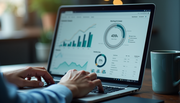 Eye-level view of a person analyzing marketing data on a laptop with charts and graphs