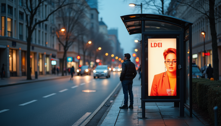 Eye-level view of a bus stop with a bright, engaging advertisement