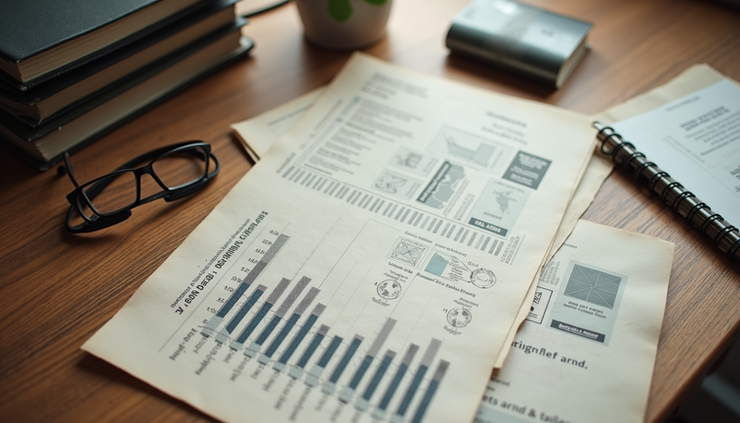 High angle view of vintage marketing research documents and charts