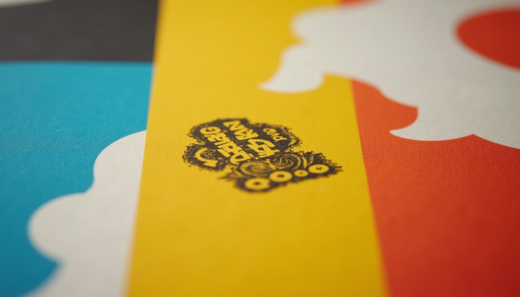Close-up view of a bright, eye-catching poster with bold colors and simple graphics