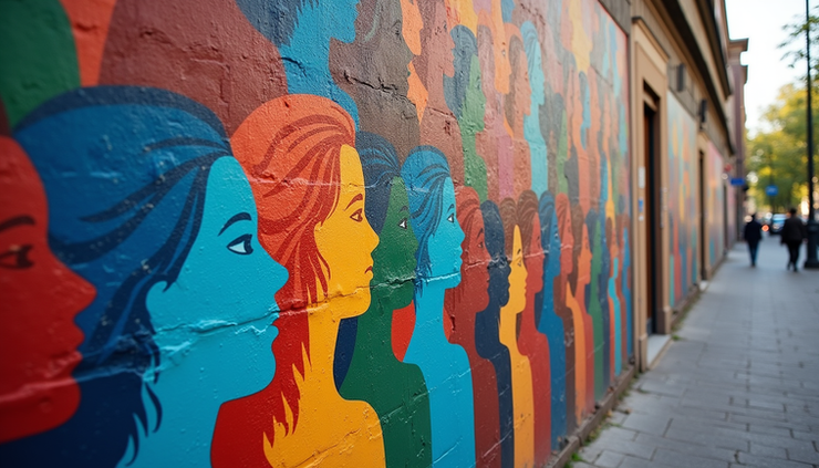 High angle view of a modern urban mural celebrating diversity and unity