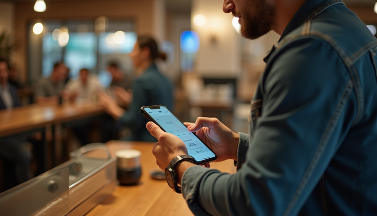 High angle view of a person making a mobile payment using a smartphone at a cafe